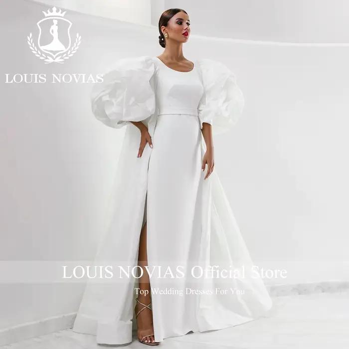 LOUIS NOVIAS sirène Satin robe De mariée pour les femmes gracieuse SCOOP Mit Cape côté fendu 2 en 1