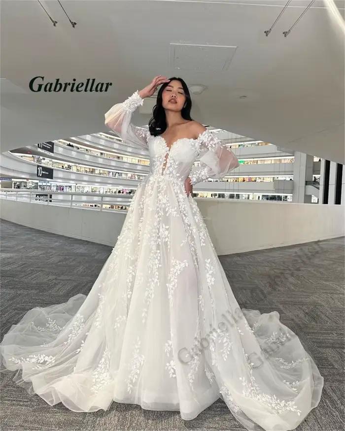 Gabriellar glamour chérie robes De mariée avec manches lanterne a-ligne chapelle Train Brudekjole