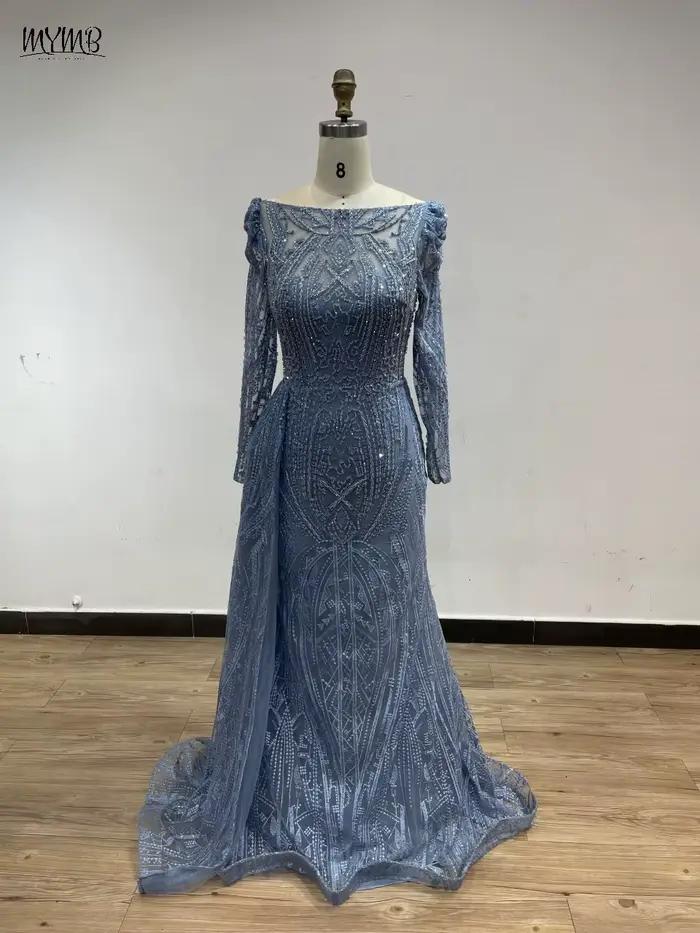 MYMB vin élégant manches longues perles dentelle mère de la robe de mariée arabe magnifique sirène robes de soirée pour la fête de mariage