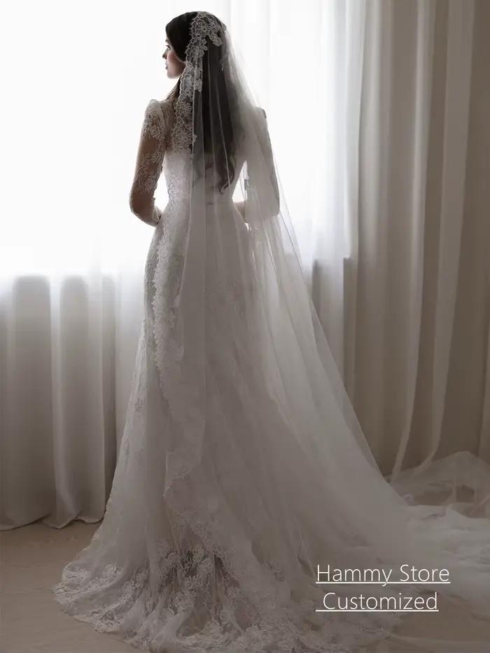 Robe de mariée saoudienne personnalisée avec col en V, manches longues, dentelle et train balayant pour femmes occasions spéciales