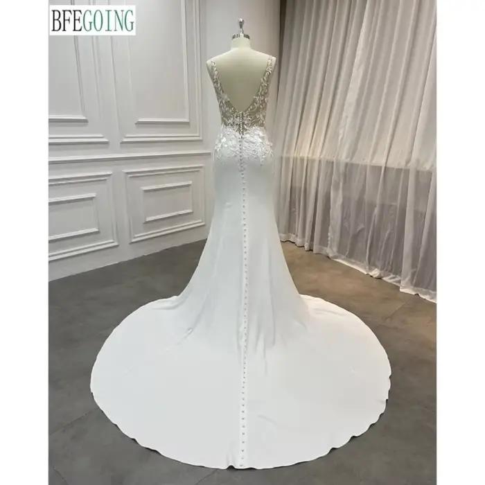 Robes de mariée sirène/trompette en mousseline de soie et crêpe en dentelle