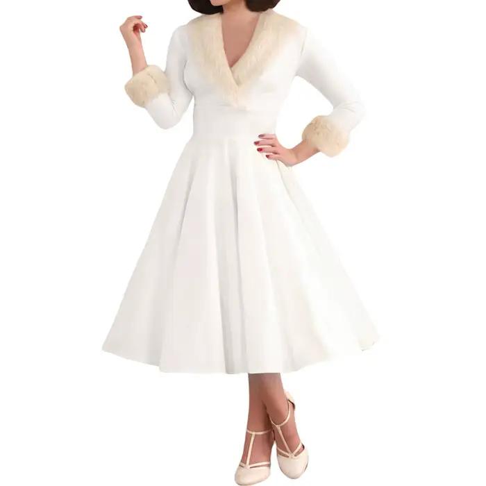 Robe de Noël plissée à manches longues et col en V pour femmes