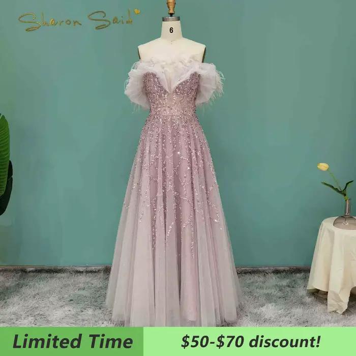 Robe de soirée Sharon Said en polyester avec perles, cristal et plumes pour femmes, idéale pour mariage et soirées officielles