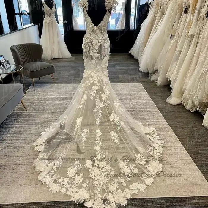 Yanshmigown-Robe de mariée sirène en dentelle florale personnalisée