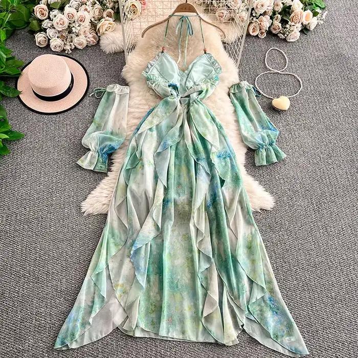 Robe en mousseline de soie gris sans manches pour femmes avec col en V et imprimé champignons à offrir pour été plage et soirées
