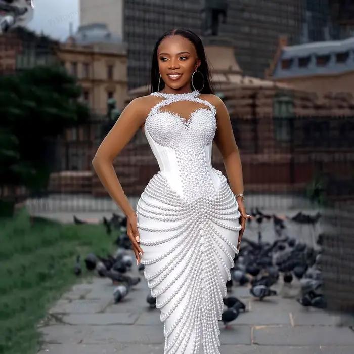 Robes de mariée sirène Aso Ebi en perles pour femmes