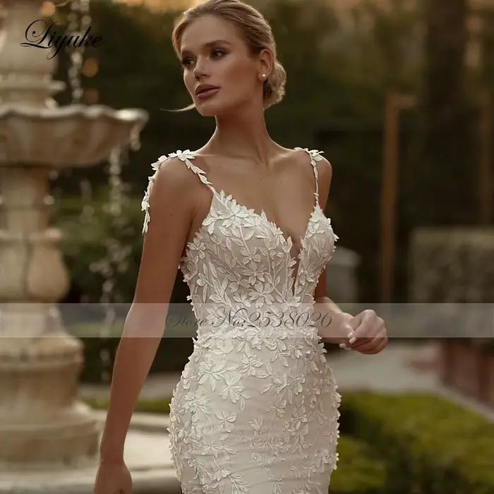 Liyuke personnaliser sur mesure chérie sirène robe de mariée Empire broderie dentelle bretelles Spaghetti sans manches