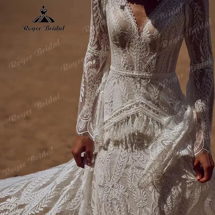 Robe mariee boheme dentelle à manches longues sirène