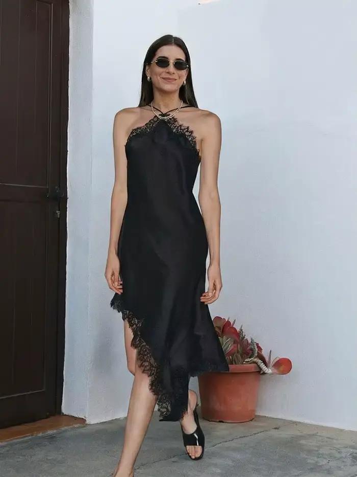 Robe longue en satin HH avec décolleté dos nu et dentelle pour femmes, style asymétrique, sans manches, polyester, pour occasions spéciales et décontraction printemps été