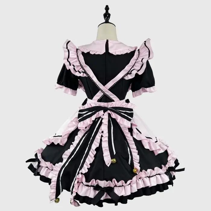 Robe de demoiselle d'honneur Lolita noire et rose avec nœud chat et dentelle