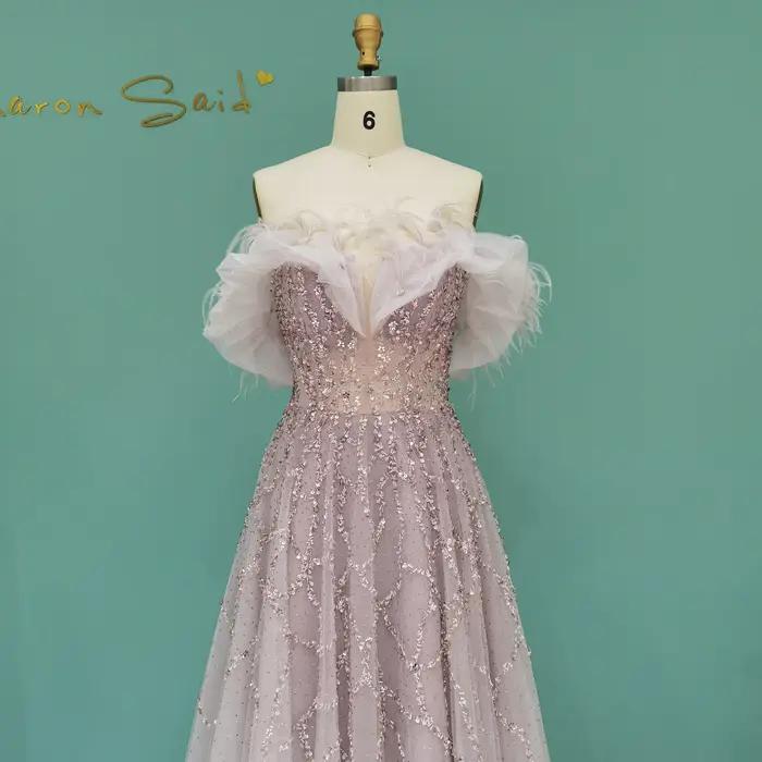 Robe de soirée Sharon Said en polyester avec perles, cristal et plumes pour femmes, idéale pour mariage et soirées officielles
