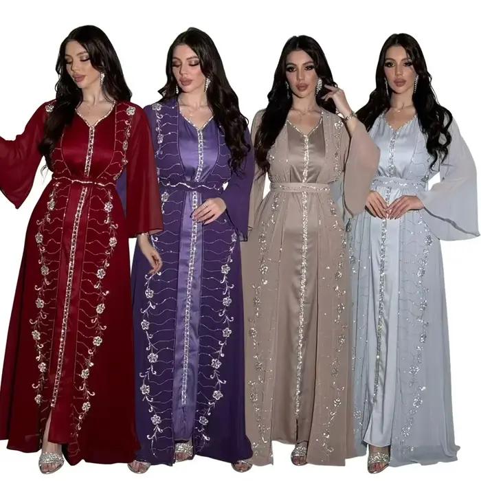 Robes musulmanes à manches longues et col en V pour femmes