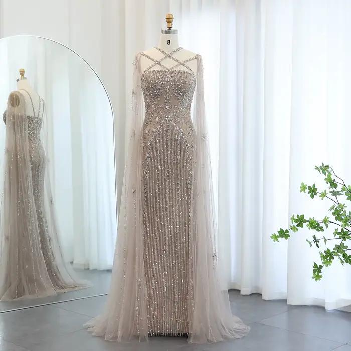 Sharon Said Dubai Champagne sirène robes de soirée avec manches Cape Aqua croisé lilas robe