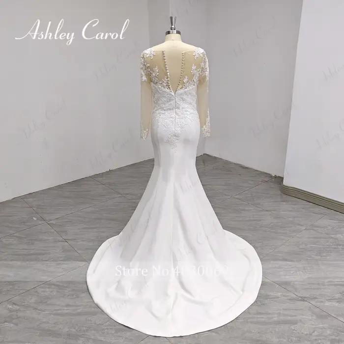 Ashley Carol robe De mariée sirène photos réelles Appliques classiques bouton brosse Train Satin