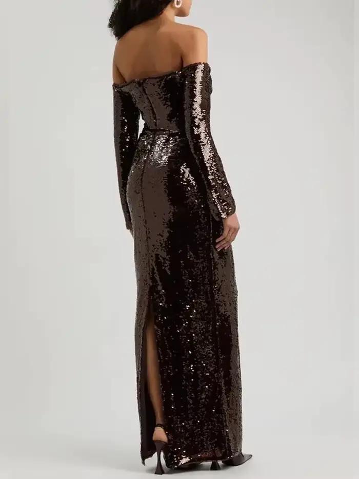 Robes longues à paillettes marron chocolat à épaules dénudées – Robe de soirée à manches
