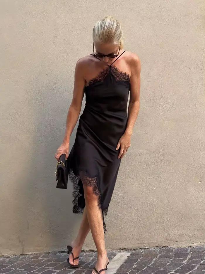 Robe longue en satin HH avec décolleté dos nu et dentelle pour femmes, style asymétrique, sans manches, polyester, pour occasions spéciales et décontraction printemps été