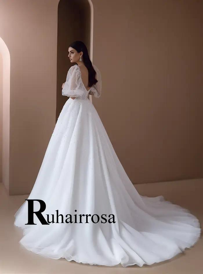 Ruhair robes De mariée fantaisie manches bouffantes perles fermeture éclair a-ligne Appliques chérie Robe De soirée De Mariage personnalisé