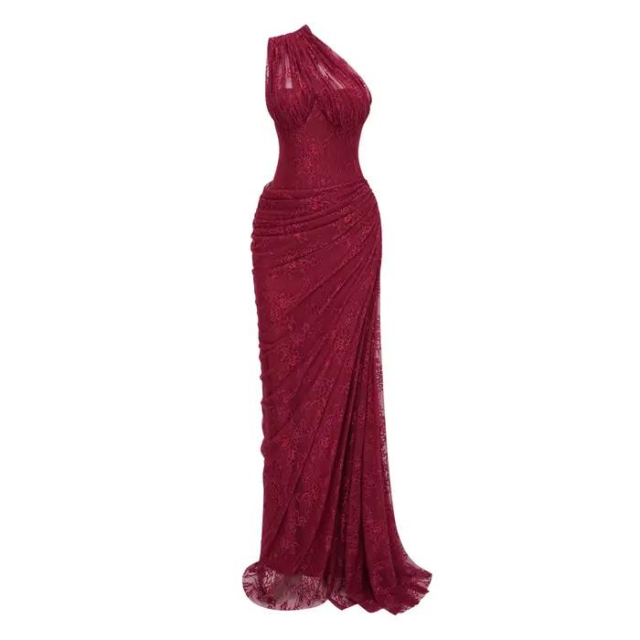 Robe de soirée sirène bordeaux asymétrique en dentelle