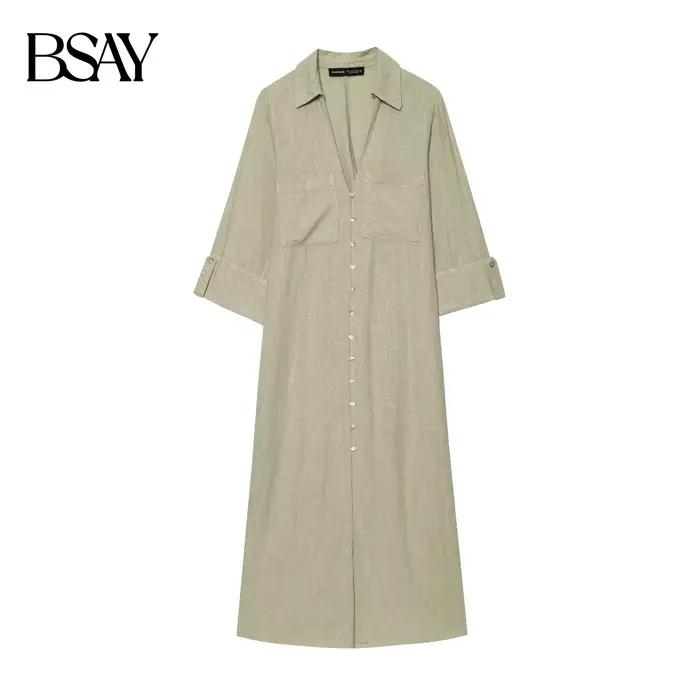 Robe BSAY en polyester pour femmes, style bureau, col rabattu, boutonnage simple, longueur cheville, pour soirées et occasions spéciales