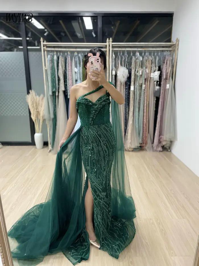MYMB Orange magnifique haute fente sirène dubaï robes d'invité de mariage pour les femmes fête de luxe chérie cou perlé