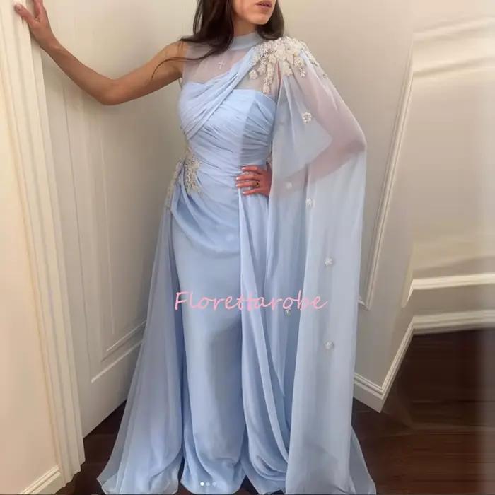 Robe de soirée personnalisée bleue à col montant et épaule unique