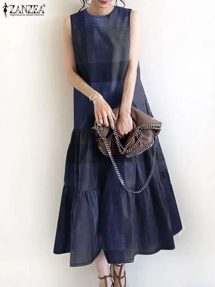 Robe mi-longue vintage à carreaux pour femmes