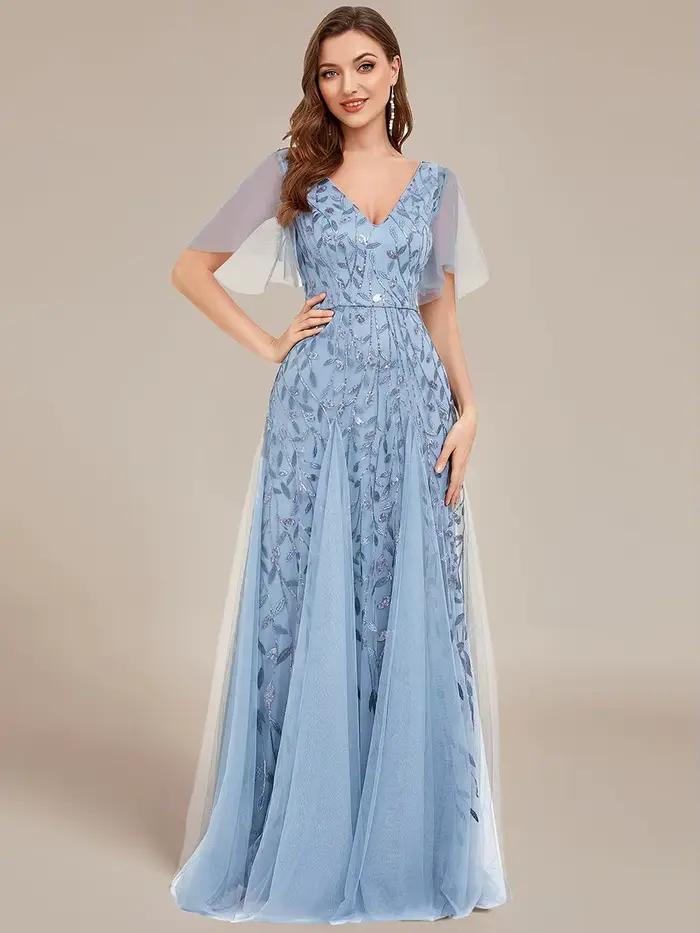 Robe de soirée élégante col en V profond manches à volants demoiselle d'honneur occassions spéciales soirée officielle