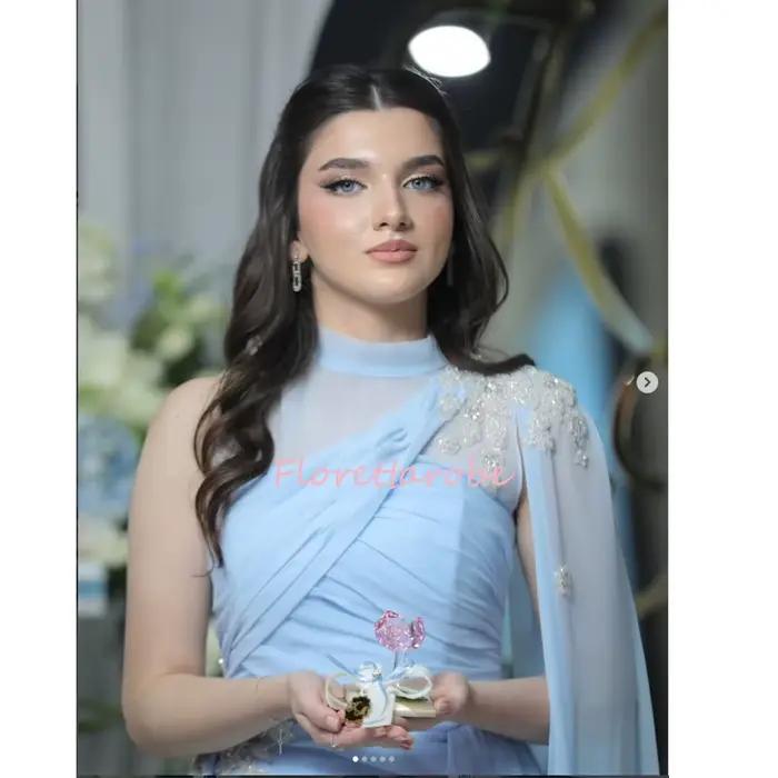 Robe de soirée personnalisée bleue à col montant et épaule unique