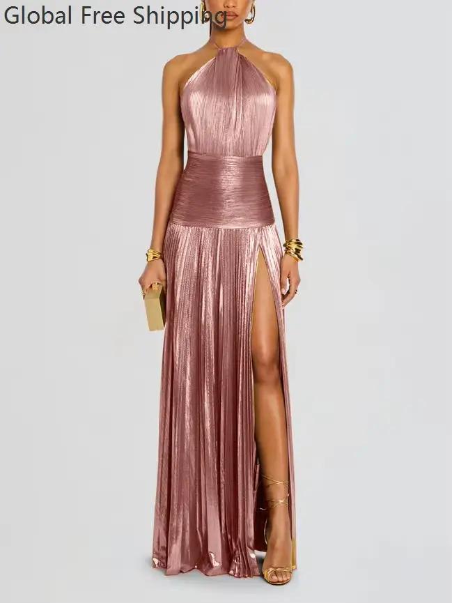 Robe de soirée dorée à col licou pour femme