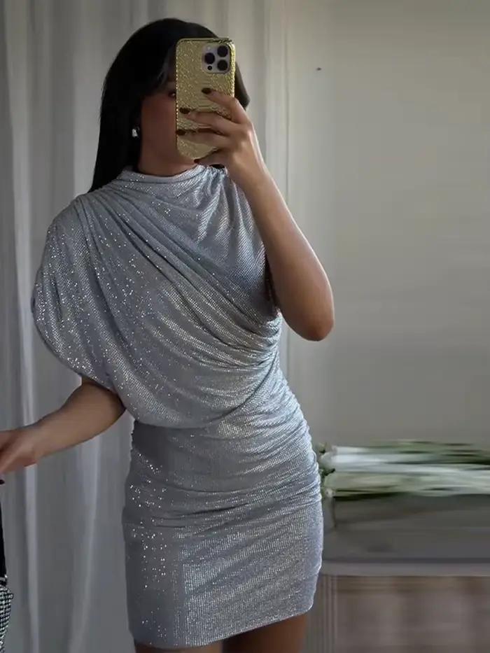 Robe courte à paillettes sans manches pour femmes