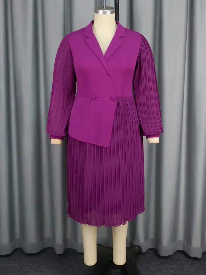 Robe trapèze plissée pour femme, col en V, manches longues lanternes, taille haute, élégante pour bureau et occasions spéciales violet