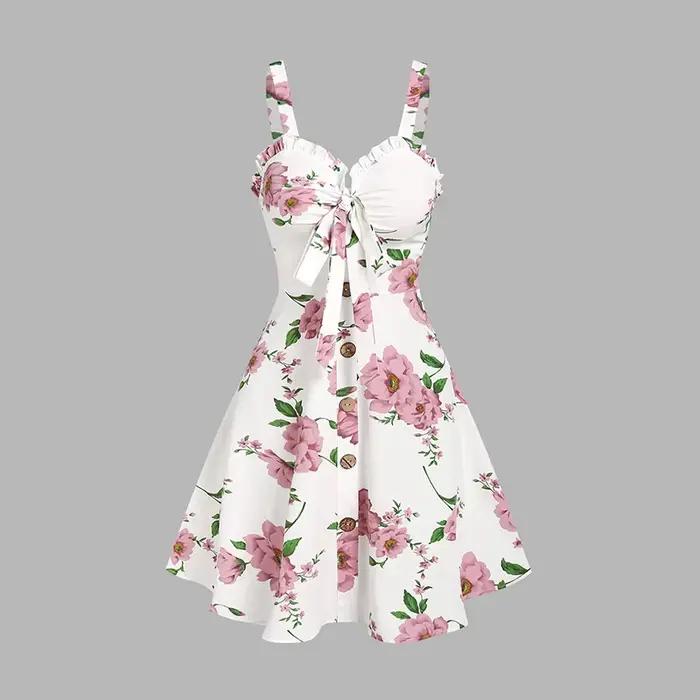 Robe de vacances en polyester imprimée floral avec arc et volants pour femmes, mini robe sans manches pour sorties estivales et occasions spéciales