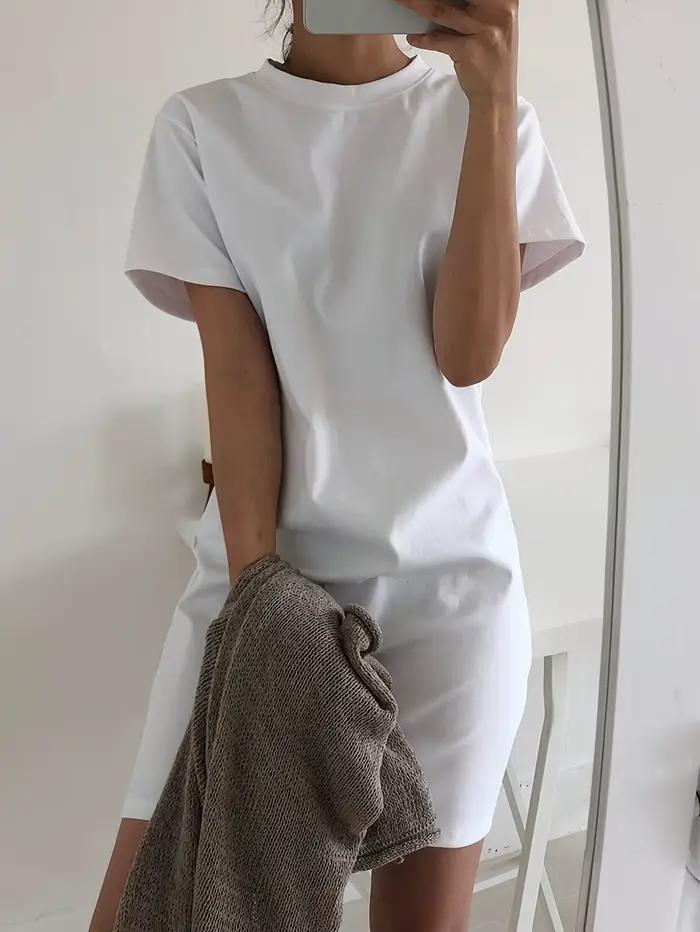 Robe T-shirt ample à col rond pour femmes style bureau dames polyester été junior multiprise occasionnels
