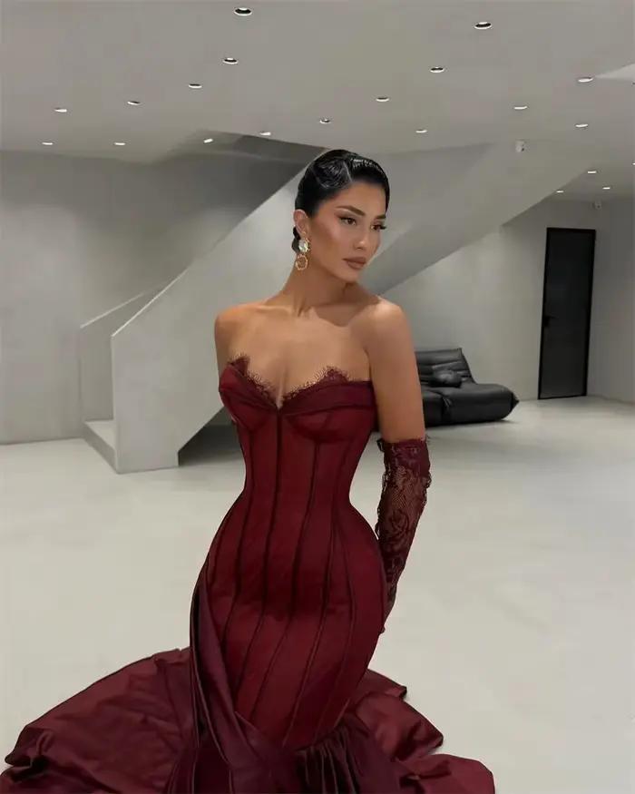 Contessa Dubai personnalisé vin rouge robe de bal sans bretelles avec manches en dentelle robes de noche cathédrale Train événements soirée formels