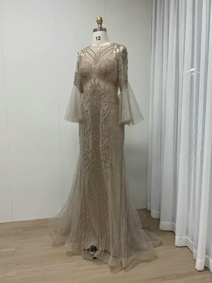 MYMB luxe Caramel sirène perlée soirée robe formelle pour la fête de mariage élégant arabe manches longues mère
