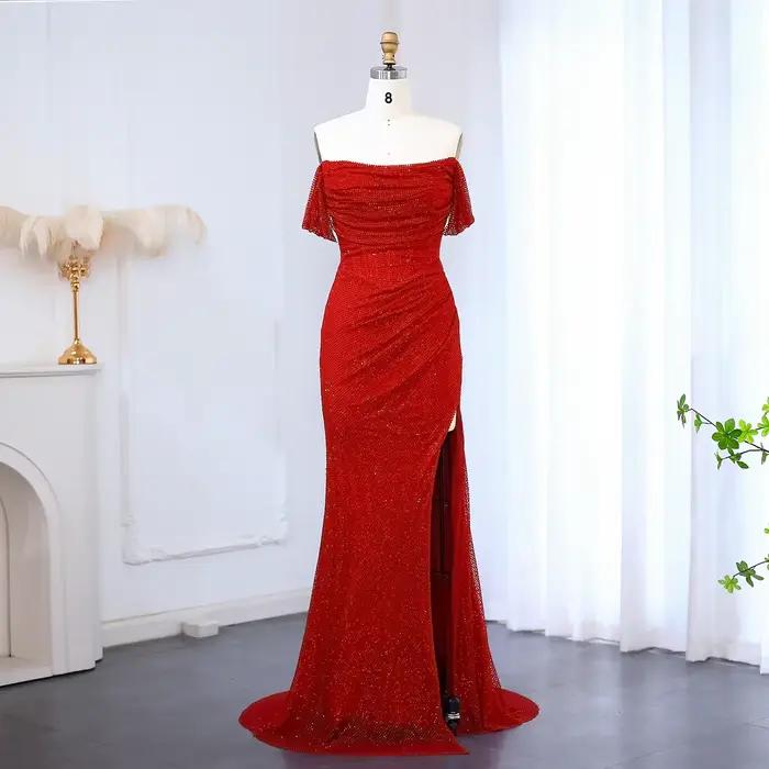 Mila rouge hors de l'épaule colonne robes de soirée paillettes côté haute fente