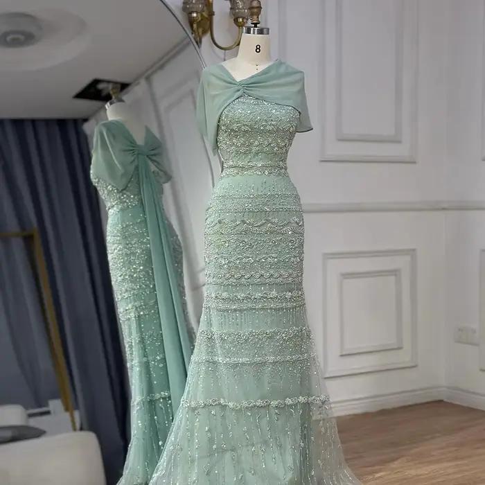 Serene Hill 2025 saoudien arabe sauge vert sirène perlée luxe robe de soirée longue Cape Occasion formelle personnaliser BLA72126B
