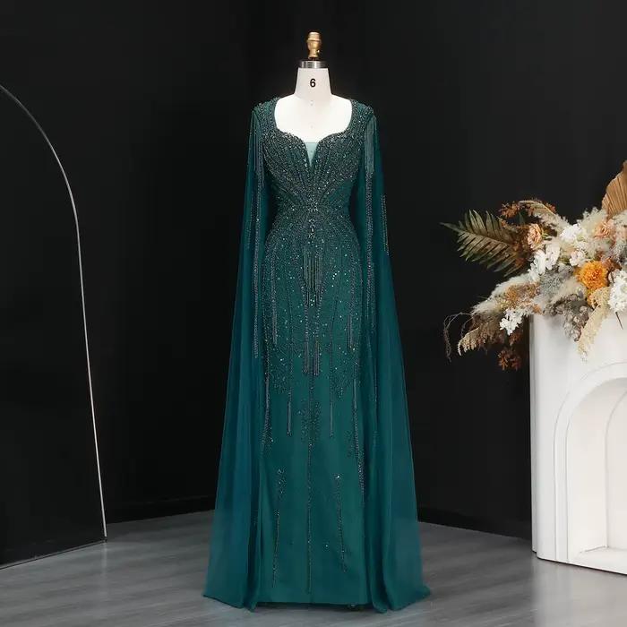 Robe Sharon Said en polyester avec manches cape et train de la cour pour soirée officielle et occasions spéciales