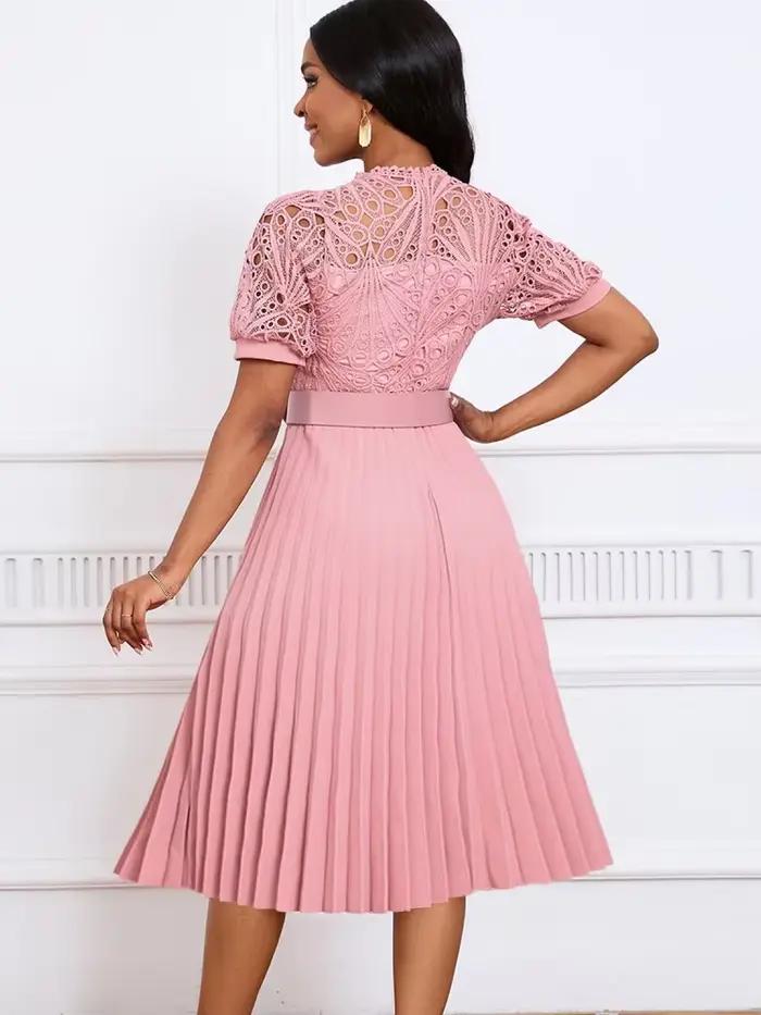 Robe Midi Plissée à Manches Courtes et Col Rond pour Femme