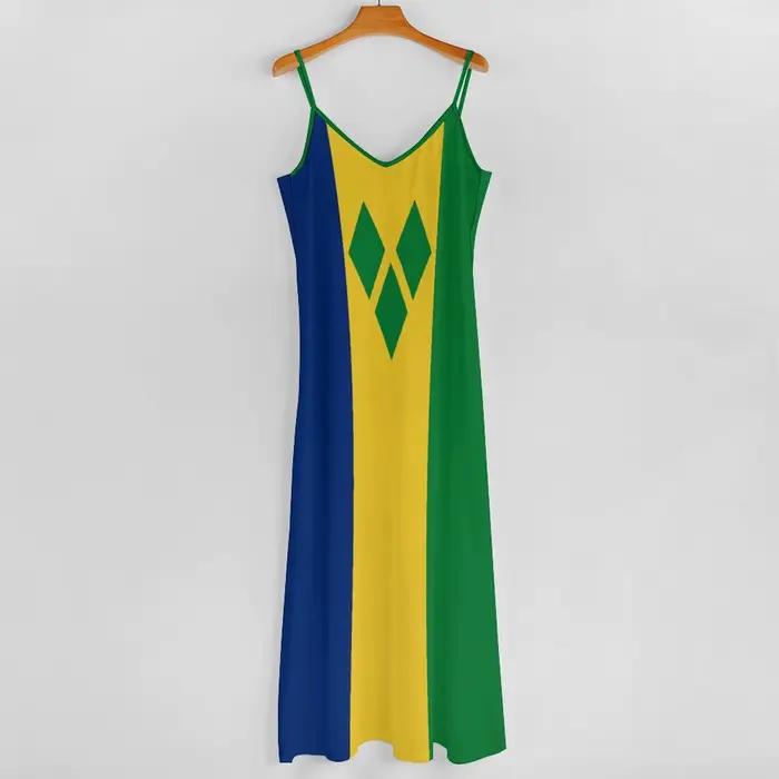 Robe longue à imprimé Saint-Vincent et les Grenadines pour femme, tenue rétro à col en V, nouvelle collection, polyester confortable, sans manches, pour femmes de tous âges, style plage, occasions spéciales, vacances, soirées romantiques, mariages