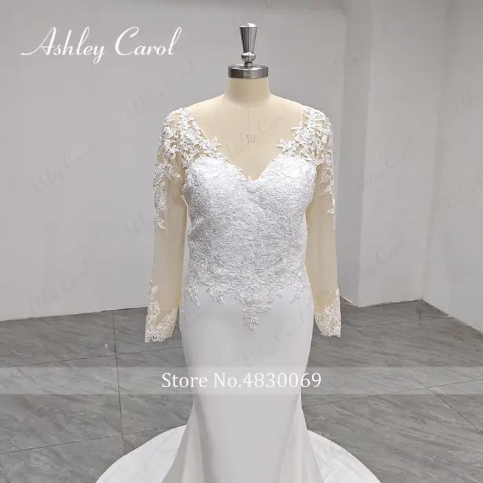 Ashley Carol robe De mariée sirène photos réelles Appliques classiques bouton brosse Train Satin