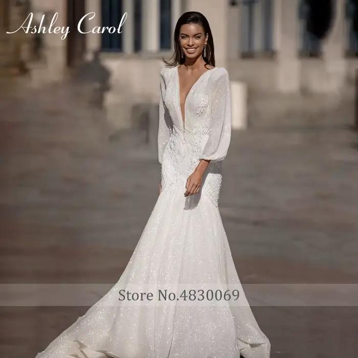 Ashley Carol-Robes de mariée sirène à manches bouffantes