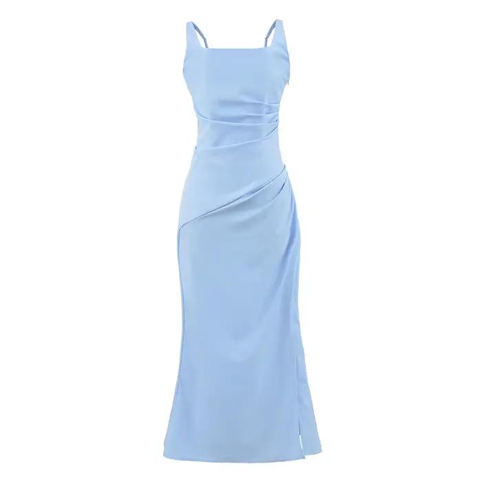 Robe longue élégante de style français avec fentes latérales et ceinture à la taille