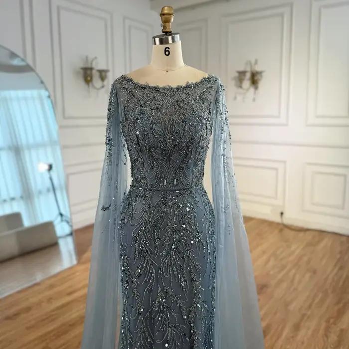 Arabie saoudite bleu perlé sirène robe de soirée élégante Cape manches bateau cou