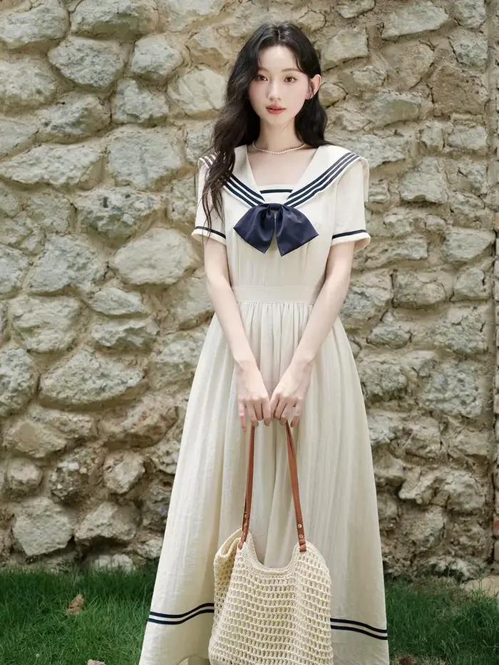 Style Preppy femmes robe douce col marin nœud robes Vintage pour mince dame Mori fille
