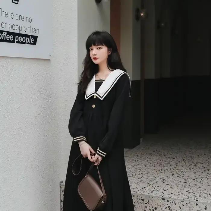 Robe d'été femmes col marin Maxi Preppy japon Style belle collège loisirs Empire rétro Simple classique Design dames Chic