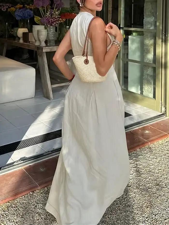 MUJER fermeture éclair longue robe femme plissée sans manches