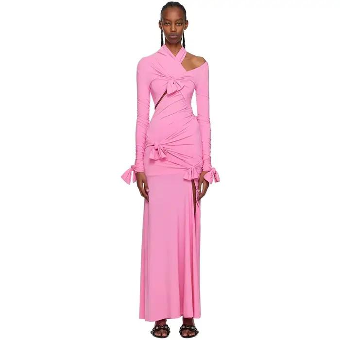 Robes chics pour les Occasions spéciales Spandex gaine/colonne robe de soirée formelle rose col haut nœuds plissé