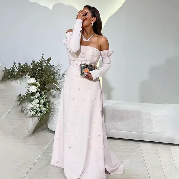 Sharon Said Robe de soirée rose élégante pour femme avec perles florales 3D surjupe à manches longues pour mariage SS540 personnalisable