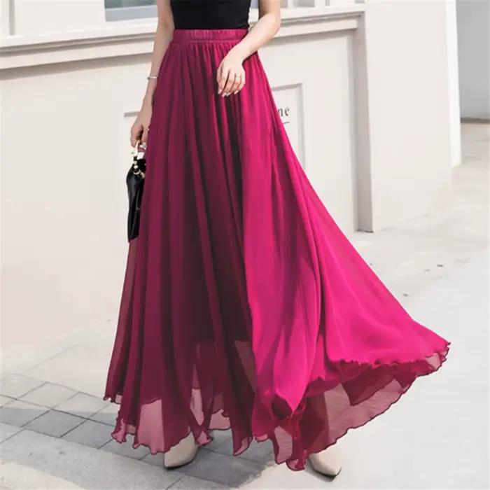 Jupe patineuse longue taille haute en mousseline de soie pour femme, polyester haute élasticité, style décontracté, adapté aux quatre saisons, couleurs vibrantes et douces, pour les femmes d'âge moyen, occasions quotidiennes et festives